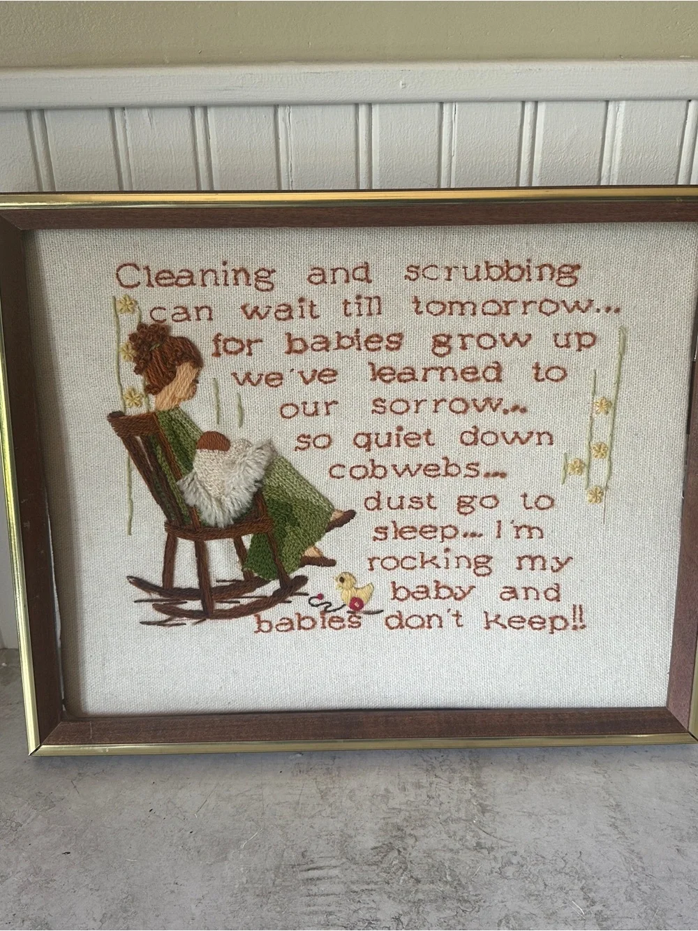 Vintage Sunset Designs Babies Don't Keep Crewel Embroidery Handmade Frame 12x15